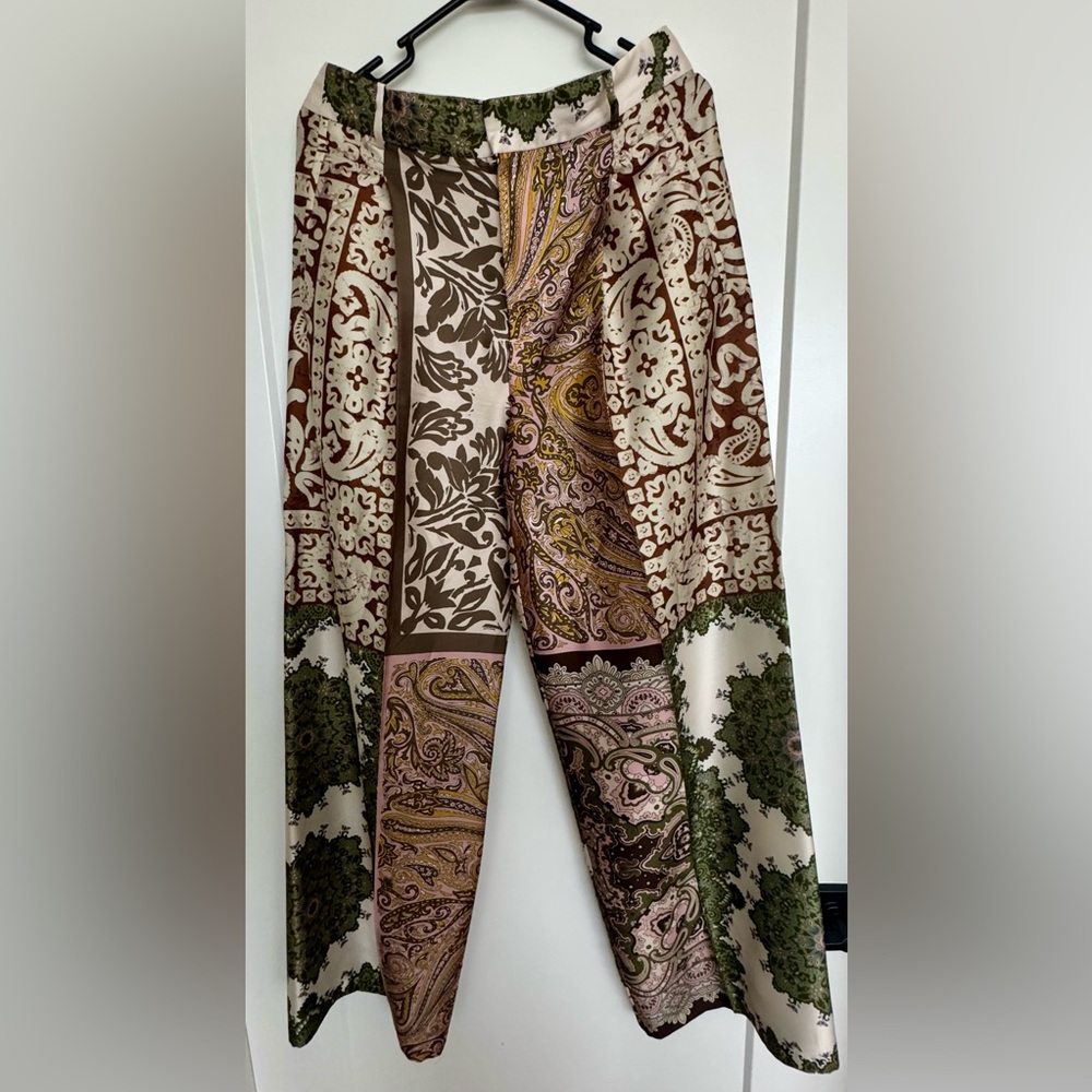 Zara Brown and Green Dress Pants with Multi Print